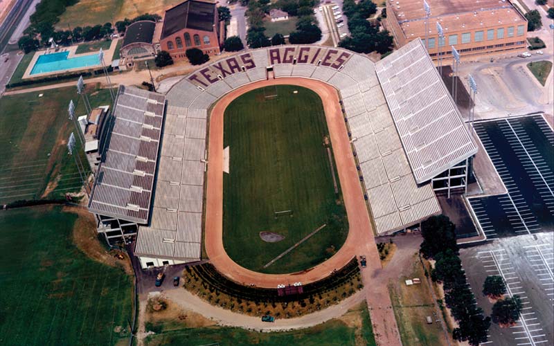 Aerial view of football stadium from the 1960's