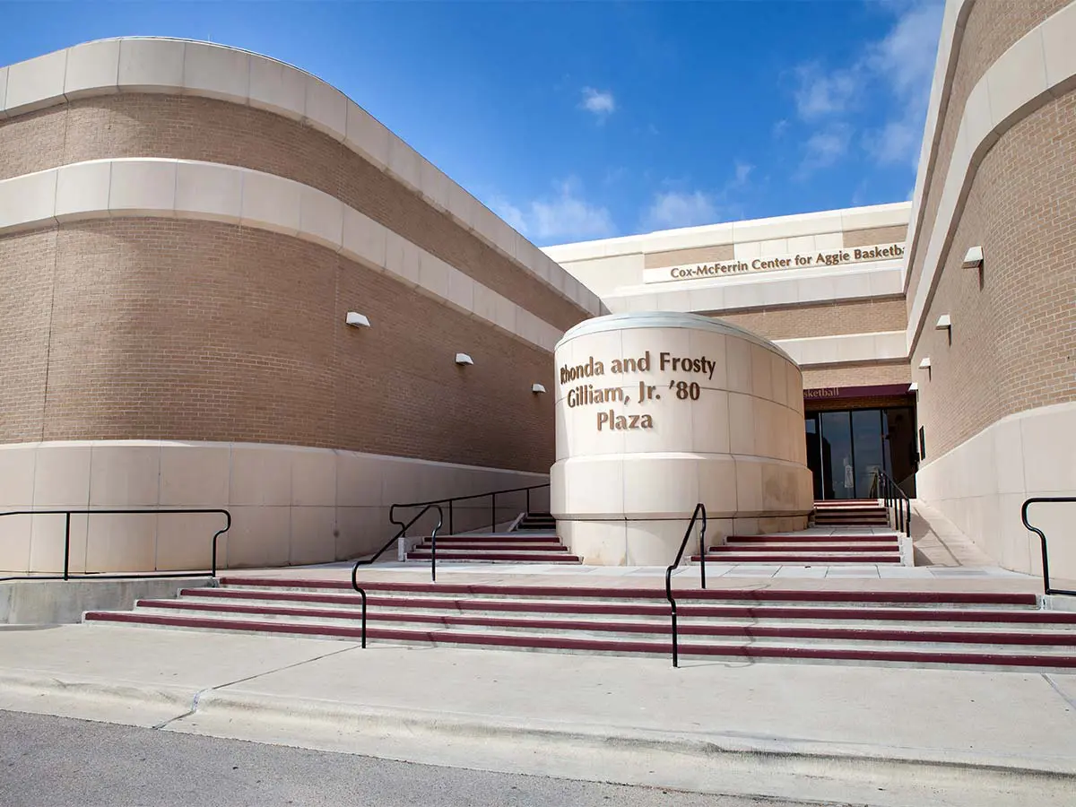 The front of the Cox-McFerrin Center with Rhonda & Frosty Gilliam Jr's name on it