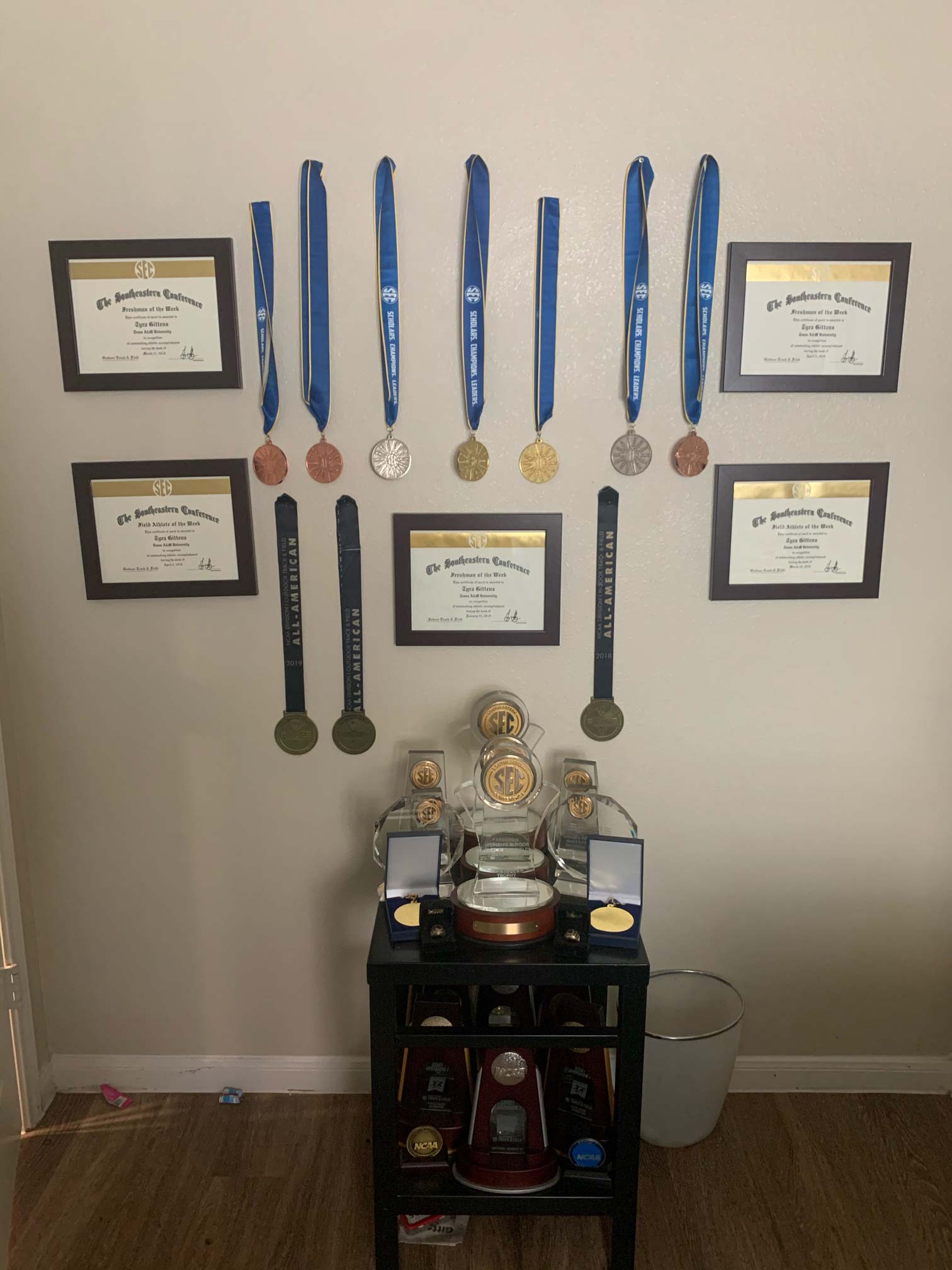 A wall and shelf full of metals and awards